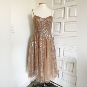 Dress the Population Ensley Midi Dress Sz Medium Nude Multi Sequin Tulle Sparkly